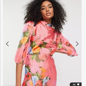 Floral Satin Midi Tea Dress